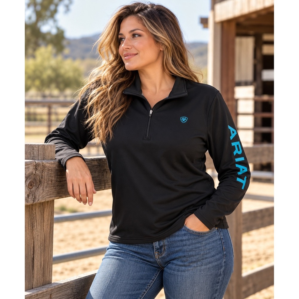 Ariat Women XL Black AriatTEK Quarter Zip Fleece Pullover Turquoise Logo Logo